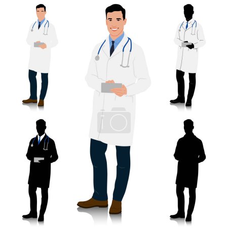 Téléchargez les photos : Un médecin vêtu d'un manteau blanc avec un comprimé dans les mains. Travailleur de santé masculin. Illustration vectorielle dessinée à la main isolée sur blanc - en image libre de droit