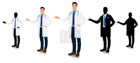 Téléchargez les illustrations : Un médecin vêtu d'un manteau blanc pointu sur le côté. Travailleur de santé masculin. Illustration vectorielle dessinée à la main isolée sur blanc - en licence libre de droit
