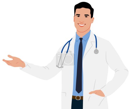 Téléchargez les photos : Un médecin vêtu d'un manteau blanc pointu sur le côté. Travailleur de santé masculin. Illustration vectorielle dessinée à la main isolée sur blanc - en image libre de droit