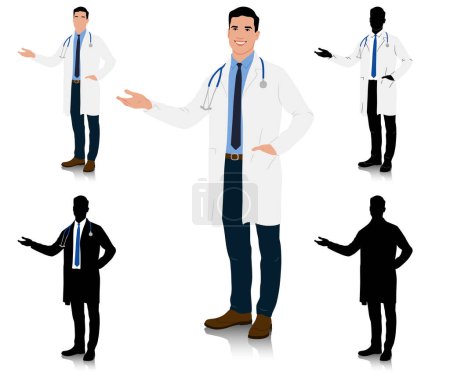 Illustration for A doctor in a white coat pointed sideways. Male healthcare worker. Hand-drawn vector illustration set isolated on white - Royalty Free Image
