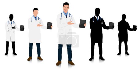Téléchargez les photos : Un médecin vêtu d'un manteau blanc pointé vers un comprimé. Travailleur de santé masculin. Illustration vectorielle dessinée à la main isolée sur blanc - en image libre de droit
