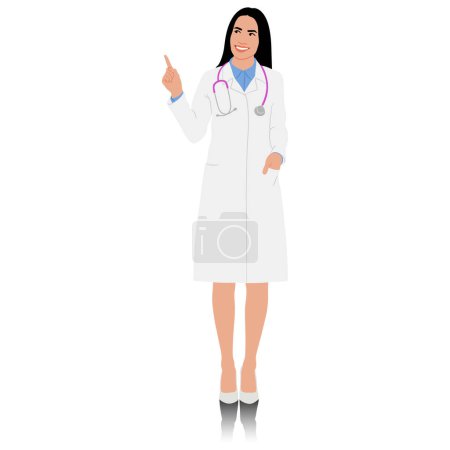 Photo for Hand drawn female healthcare worker. Happy smiling doctor in white coat with stethoscope. Medical worker pointed sideways. Vector flat style illustration set isolated on white - Royalty Free Image