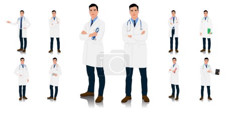 Photo for Hand-drawn healthcare worker. Happy smiling doctor with a stethoscope. A doctor in a white coat poses. Different color options. Vector flat style illustration set isolated on white - Royalty Free Image