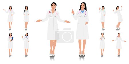 Photo for Hand-drawn female healthcare worker. Happy smiling doctor with a stethoscope. A doctor in a white coat poses. Different color options. Vector flat style illustration set isolated on white - Royalty Free Image