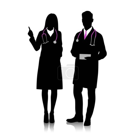 Photo for Silhouette of male and female doctors in white coats with a stethoscope. Healthcare workers pose. Different color options. Vector flat style illustration set isolated on white - Royalty Free Image