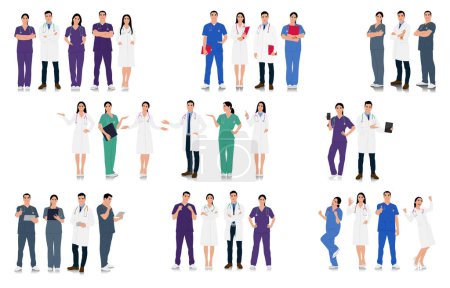 Photo for Hand-drawn male and female doctors and nurses. Happy smiling doctors with a stethoscopes. Healthcare workers in uniform. Different color options. Vector flat style illustration set isolated - Royalty Free Image