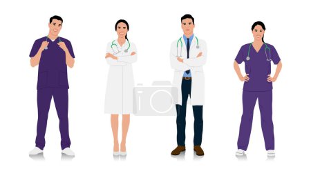 Téléchargez les photos : Médecins masculins et féminins dessinés à la main en blouse blanche. Heureux médecins souriants avec un stéthoscope. Infirmières et infirmiers en uniforme. Différentes options de couleur. Ensemble d'illustration vectoriel plat isolé - en image libre de droit