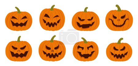 Téléchargez les photos : Citrouilles d'Halloween avec différents visages effrayants. Ensemble de silhouettes de citrouille Halloween isolées sur blanc. Jack-O-Lantern icônes plates - en image libre de droit
