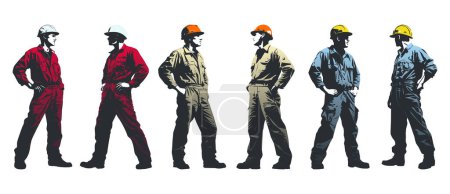 Construction worker poses wearing helmet and work overall. Warehouse worker in uniform. Transparent PNG. Retro clipart. Worker silhouette set. Abstract vector illustration isolated on white