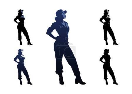Illustration for Female construction worker with hat and work overall. Set of working woman in different poses and color options. Silhouette of female workers in uniform. Vector illustration isolated on white - Royalty Free Image
