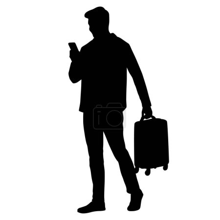 Silhouette of young man tourist with camera and smartphone. Male in casual clothes with a suitcase and tickets. Young male traveler goes on a journey. Vector illustration isolated on white