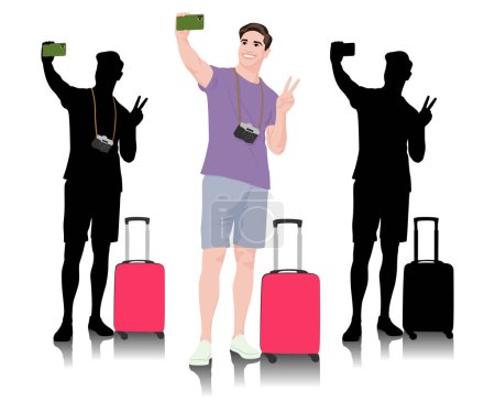 Young man tourist with camera and smartphone taking selfie. Male in casual clothes with a suitcase. Young male traveler goes on a journey. Vector illustration isolated on white