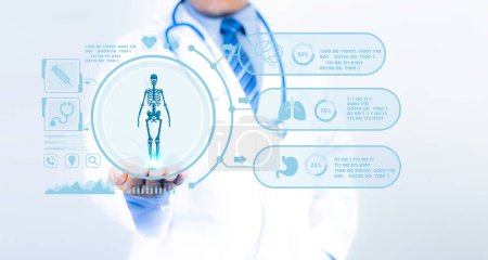 Photo for Concept of medical technology diagnosis of the body. Doctor standing holding hands 3d bone icon. Medical technology analyzes the virtual screen interface of the network connection. Big data. - Royalty Free Image