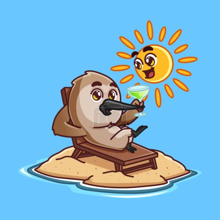 Illustration for Cute cartoon sandpiper relaxed on beach with cute bright sun, adorable cartoon mascot illustration - Royalty Free Image