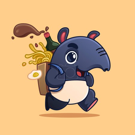 Illustration for Cute cartoon tapir mascot walking carrying ramen, egg and sauce. adorable cartoon mascot illustration - Royalty Free Image