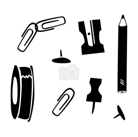Téléchargez les illustrations : Petite papeterie de bureau dans un style simple doodle. Broche et agrafe et aiguiseur. - en licence libre de droit