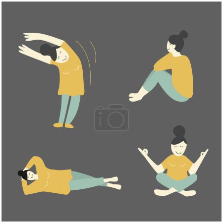 Téléchargez les illustrations : Adoptez le bien-être avec ce jeu de vecteurs au design plat dynamique. Illustrant une femme dans le yoga, Pilates, et pose d'exercice, il favorise la santé, l'équilibre, et la vitalité. - en licence libre de droit