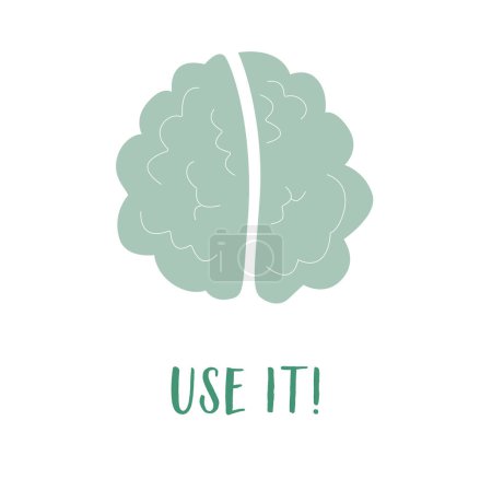 a brain in flat design, urging action with use it. Embrace cognitive vitality for creativity, learning, and mindful living. funny post card .