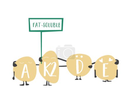 Fat-soluble vitamins A, D, K2, and E in a cartoon style, standing together with a sign. Essential for health, they promote wellness through a balanced, nutritious lifestyle