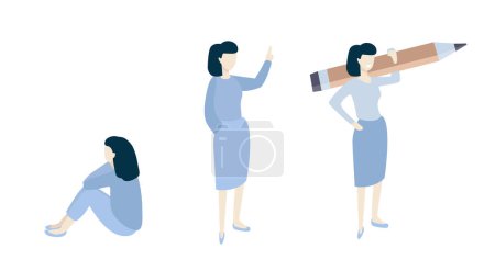 Three women in difference poses un flat design. Cartoon woman points upward. Woman with a giant pencil. Woman sitting on the floor.