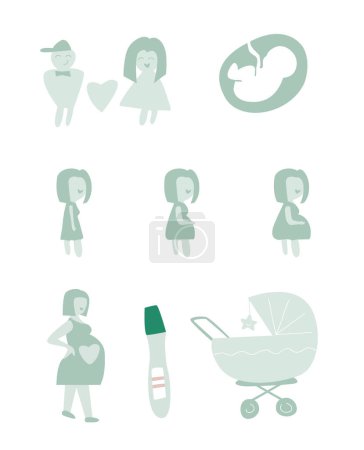 Illustration set of parenthood and fertility in this flat design vector set joyful icons capturing the beautiful stages of anticipation, conception, and family planning. Pregnant test and foetus..