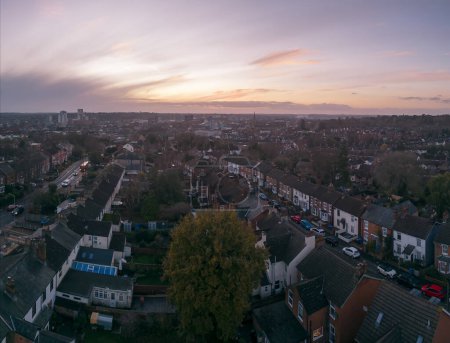 An aerial view of a residential area of Ipswich, Suffolk, UK at sunset