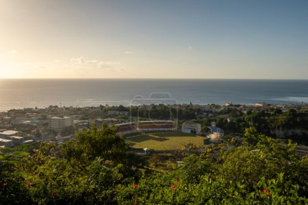 Looking down on the Windsor Park Sports Stadium in Roseau, Dominica