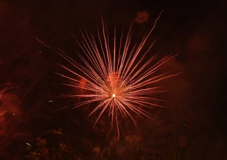 Foto de Fuegos artificiales explosivos en el cielo oscuro en la noche - Imagen libre de derechos