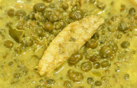 Téléchargez les photos : Feuille d'arbre Cassia bouillie ou gousse de cuivre thaïlandaise avec poisson maquereau grillé dans du lait de coco et soupe au curry sur bol - en image libre de droit