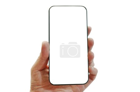 Foto de Teléfono móvil sosteniendo la mano humana en un fondo blanco - Imagen libre de derechos