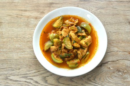 carne de cerdo hervida picante con berenjena en la sopa de curry en el plato