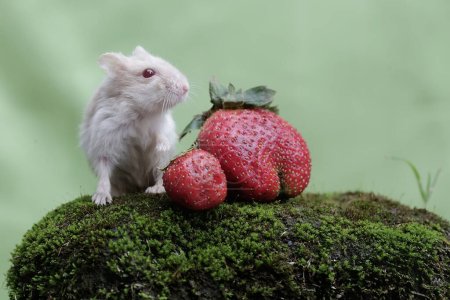 Téléchargez les photos : Un hamster nain Campbell mangeant une fraise tombée par terre. Ce rongeur a le nom scientifique Phodopus campbelli. - en image libre de droit