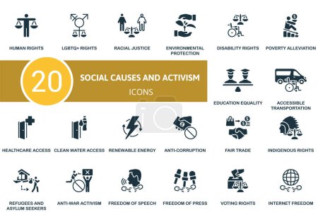 Social causes and activism icons set. Creative simple signs.