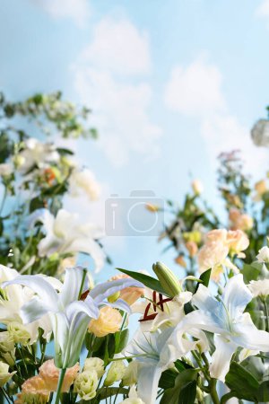 Téléchargez les photos : Fond podium, Fond image, Fond minimal avec des fleurs fraîches - en image libre de droit