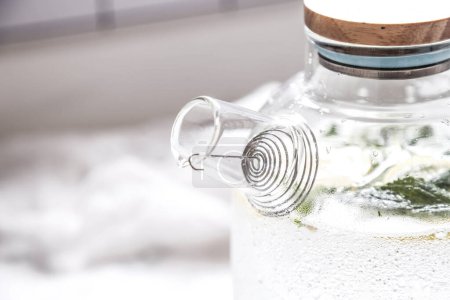 Téléchargez les photos : L'eau filtrée avec des feuilles de menthe, une eau de désintoxication corporelle simple qui peut être faite à la maison - en image libre de droit