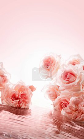 Photo for Rose wallpaper for product display, displaying products on roses, pink background - Royalty Free Image