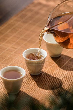 Imagen de juego de té, persona haciendo té de estilo asiático, taza de té y tetera