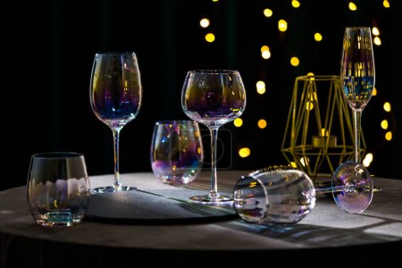 Images of empty wine glasses, empty water glasses, restaurant glasses, wine glasses