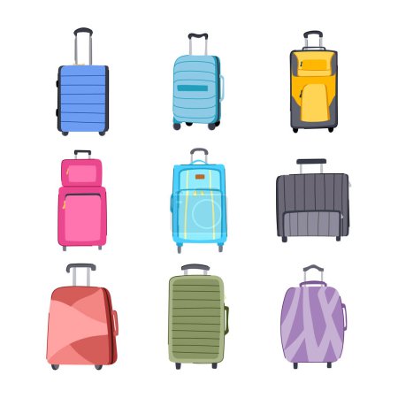 maleta de dibujos animados conjunto. en la maleta, vacaciones en el aeropuerto, señal viaje maleta. ilustración de vector de símbolo aislado