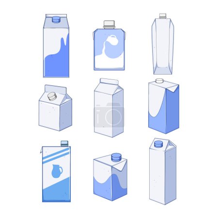 Milchbox-Set Cartoon. Trinken Kuh, Ernährung gesund, Frühstück Mittagessen Milch Box Zeichen. isolierte Symbolvektorabbildung