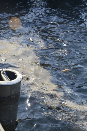 Foto de Contaminación ambiental del agua de mar con residuos flotantes de petróleo tóxico, petróleo y algas - Imagen libre de derechos