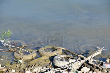 Foto de Neumáticos viejos en el río - Imagen libre de derechos