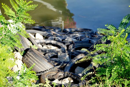 Foto de Neumáticos viejos en el río - Imagen libre de derechos