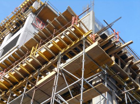 Details of new building construction, with scaffolding
