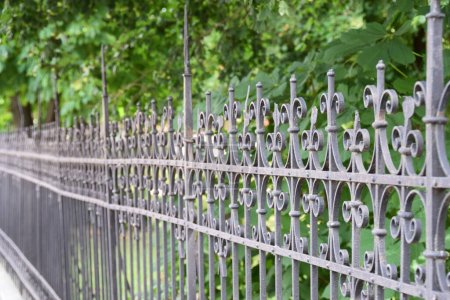Photo for Old fence made of wrought iron, with a park in the back - Royalty Free Image