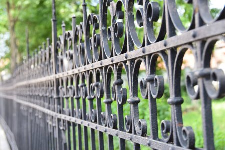 Téléchargez les photos : Ancienne clôture en fer forgé, avec un parc à l'arrière - en image libre de droit