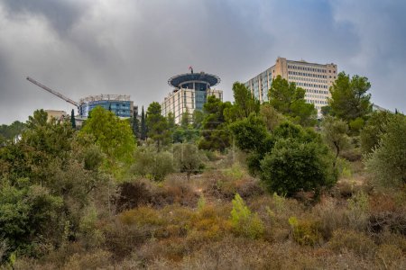Photo for Hadassah hospital, on a hilltop just outside of Jerusalem, Israel, surrounded by a mediterranean forest with pine, oak and olive trees. - Royalty Free Image