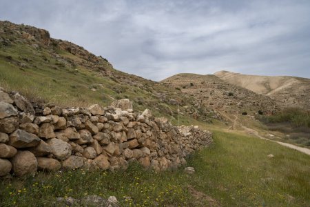 Un antiguo muro de piedra y senderos en las colinas que rodean el arroyo Prat en primavera.