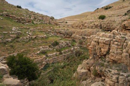 Un paisaje de acantilados y cuevas a orillas del arroyo Prat en las colinas del desierto de Judea, Israel.
