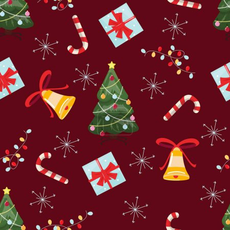 Foto de Fondo sin costuras de Navidad con pinos, cajas de regalo, copos de nieve, campanas y bastones de caramelo con fondo rojo. - Imagen libre de derechos